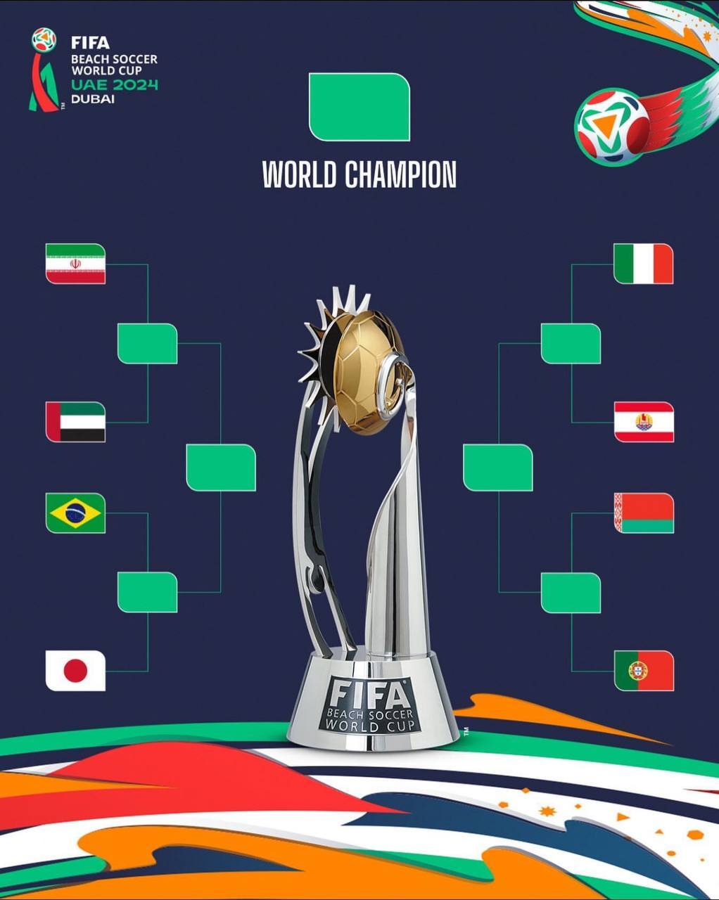 برنامه بازیهای مرحله یک چهارم نهایی جام جهانی فوتبال ساحلی ۲۰۲۴ دبی/ ایران – امارات، پنجشنبه ساعت ۱۹ به وقت تهران